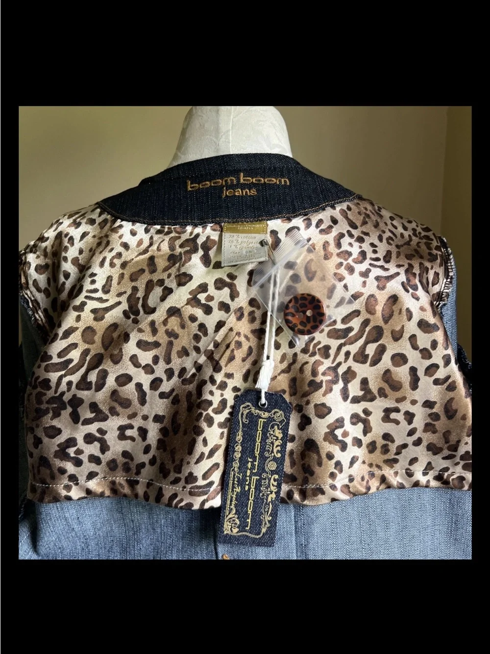 Boom Boom Jeans Double Breasted Dark Denim Swing Jacket Y2K Leopard Button S
